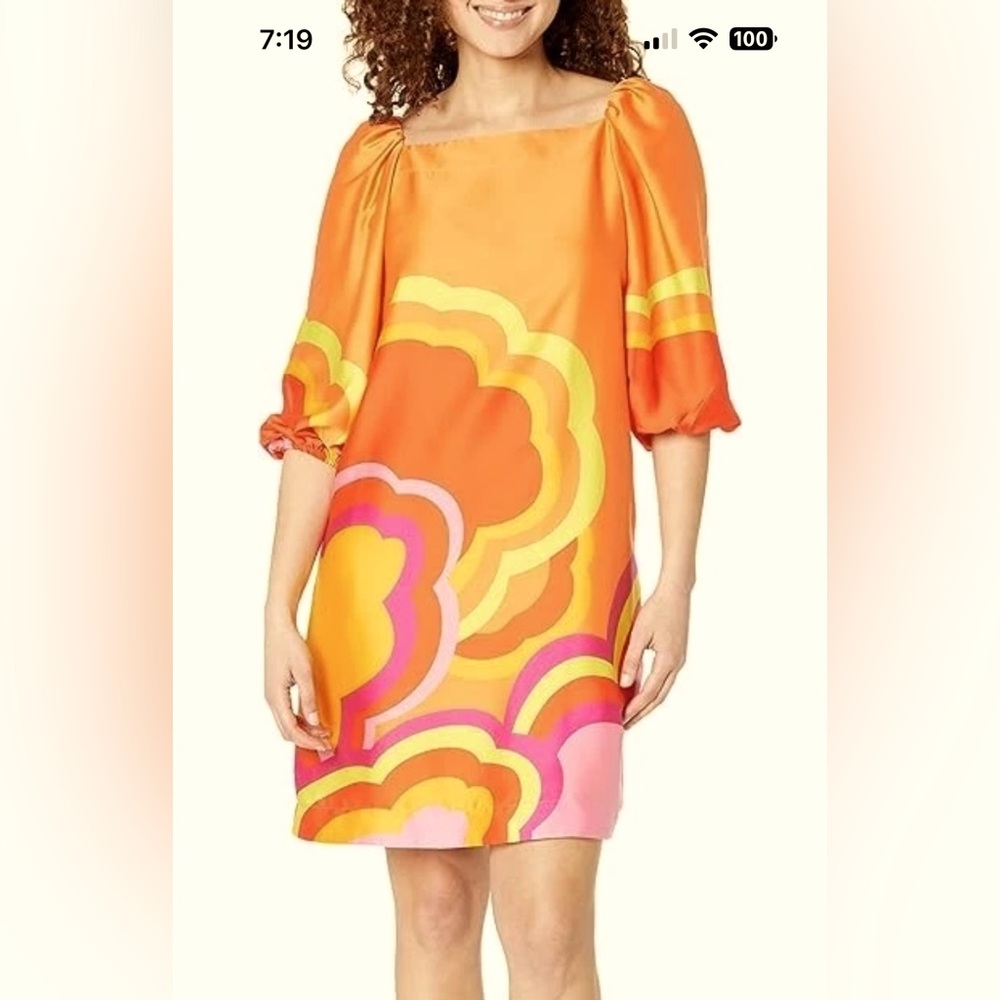 Trina Turk Graphic Relaxed Puff Sleeve Blouse in Orange and Pink